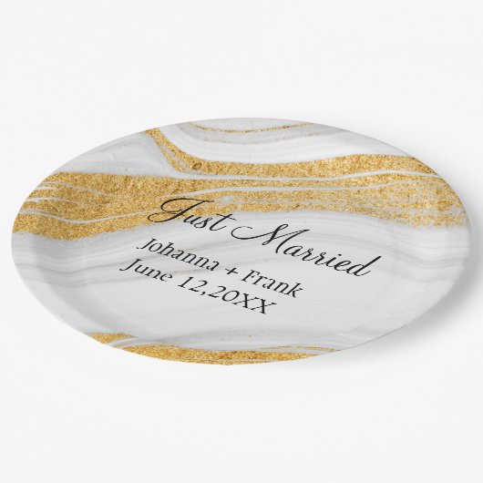 たった今結婚しましたホワイトと金ゴールド瑪瑙 ペーパープレート (アングル)