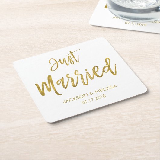 たった今結婚しましたホワイトフォイルコースター スクエアペーパーコースター (アングル)