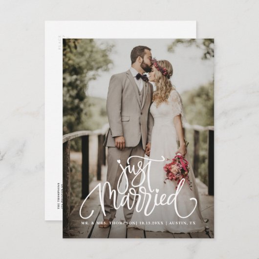 たった今結婚しましたホワイトレタリングオーバーレイ写真 案内ポストカード (正面/裏面)