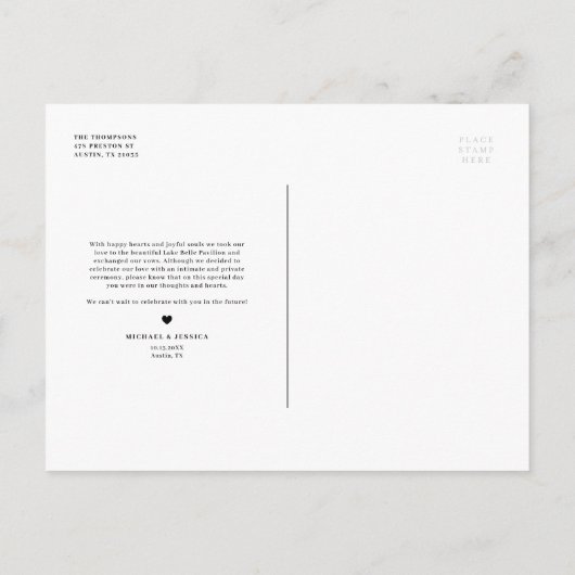 たった今結婚しましたホワイトレタリングオーバーレイ写真 案内ポストカード (裏面)