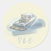 たった今結婚しましたボートビーチ結婚式シール ラウンドシール (正面)