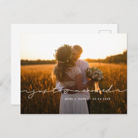 たった今結婚しましたミニマルモダン主義の手書き写真 案内ポストカード (正面/裏面)