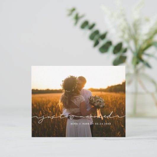 たった今結婚しましたミニマルモダン主義の手書き写真 案内ポストカード (スタンド正面)