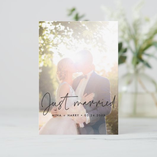 たった今結婚しましたミニマル発表フォトカード 案内状 (スタンド正面)