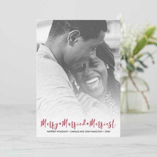 たった今結婚しましたメリークリスマスホリデー写真 シーズンカード (スタンド正面)