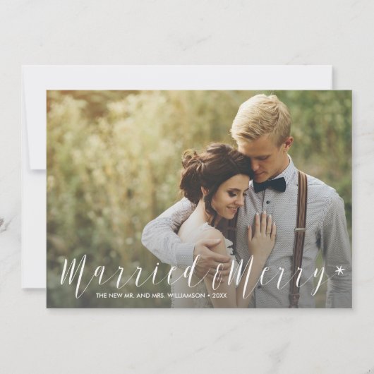 たった今結婚しましたモダンとスターメリーリーホリデーフォト シーズンカード (正面)