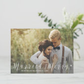 たった今結婚しましたモダンとスターメリーリーホリデーフォト シーズンカード (スタンド正面)