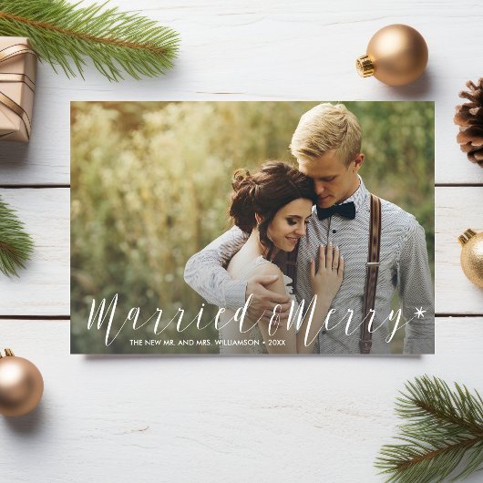 たった今結婚しましたモダンとスターメリーリーホリデーフォト シーズンカード