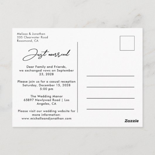 たった今結婚しましたモダンの落成写真の発表 ポストカード (裏面)