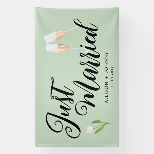 たった今結婚しましたモダンウェディングレセプションカー 横断幕 (縦)