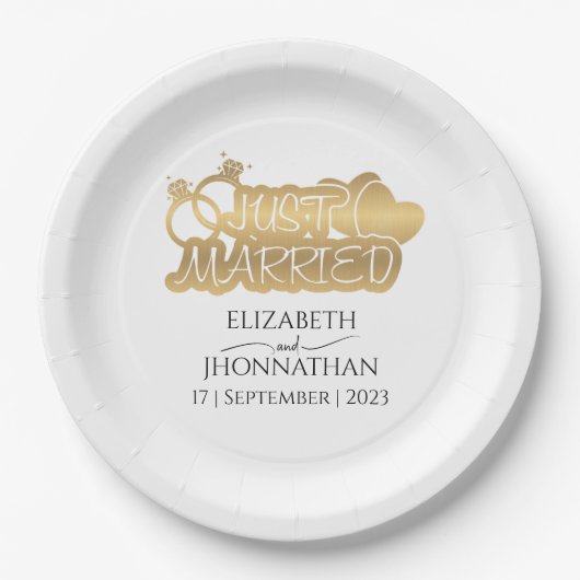 たった今結婚しましたモダンエレガント金ゴールドカップル名 ペーパープレート (正面)