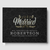 たった今結婚しましたモダングラムタイポグラフィブラックダマスク ゲストブック (正面)