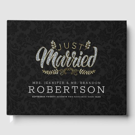 たった今結婚しましたモダングラムタイポグラフィブラックダマスク ゲストブック (正面)