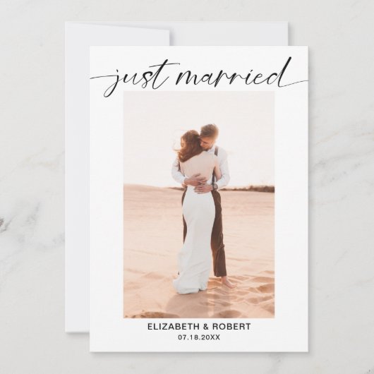たった今結婚しましたモダンスクリプミニマルト結婚写真 案内状 (正面)