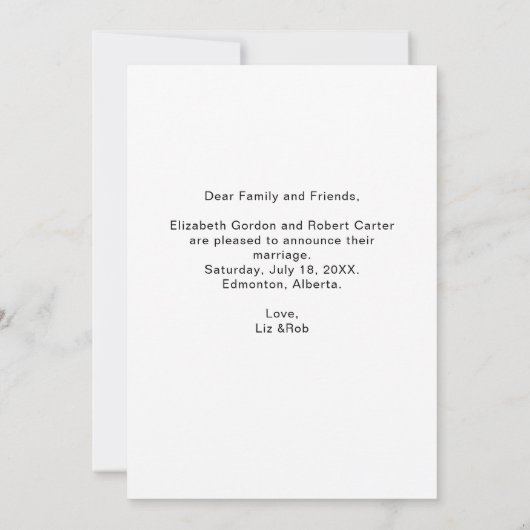 たった今結婚しましたモダンスクリプミニマルト結婚写真 案内状 (裏面)