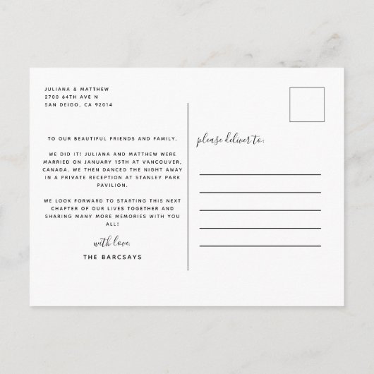 たった今結婚しましたモダンス結婚クリプト 案内ポストカード (裏面)