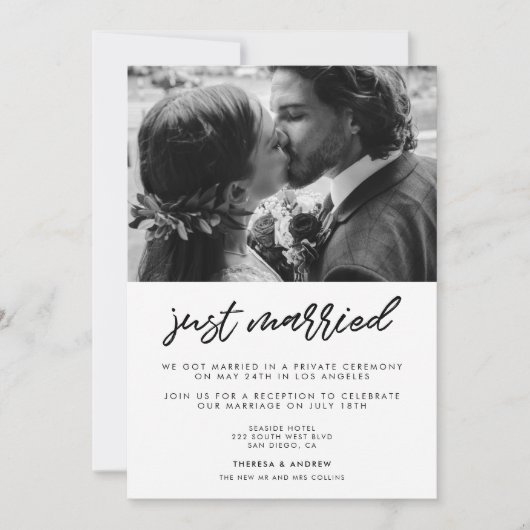 たった今結婚しましたモダンタイポグラフィ写真の発表 招待状 (正面)