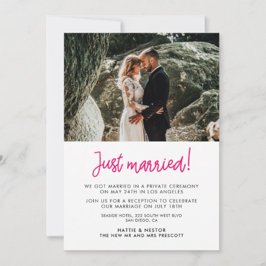 たった今結婚しましたモダン書の発表 招待状 (正面)