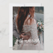 たった今結婚しましたモダン書道結婚の写真カード 案内状 (正面)