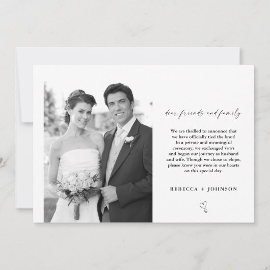 たった今結婚しましたモダン白黒の写真 案内状 (裏面)