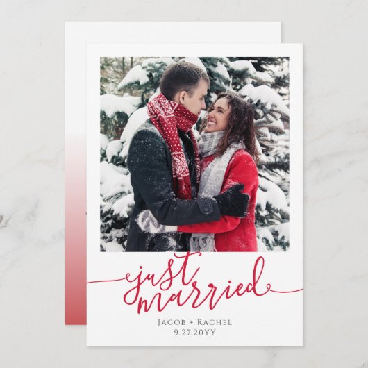 たった今結婚しましたレッドスクリプトフォトクリスマ結婚ス 案内状 (正面/裏面)