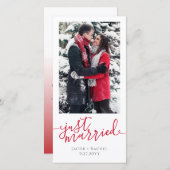 たった今結婚しましたレッドスクリプトフォトクリスマ結婚ス 案内状 (正面/裏面)