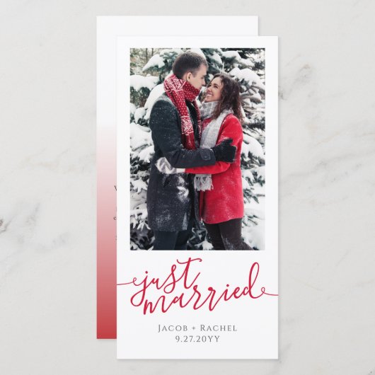 たった今結婚しましたレッドスクリプトフォトクリスマ結婚ス 案内状 (正面/裏面)
