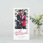 たった今結婚しましたレッドスクリプトフォトクリスマ結婚ス 案内状 (スタンド正面)