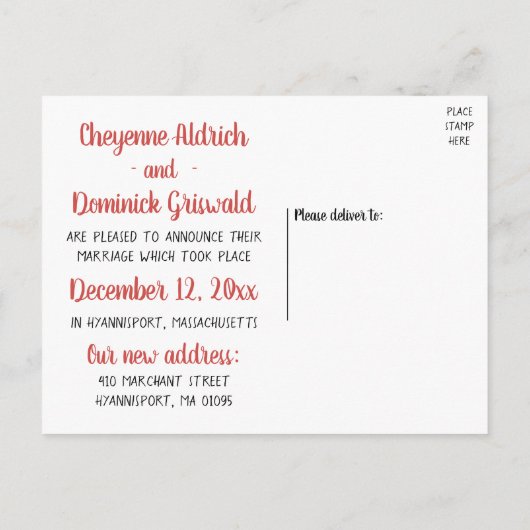 たった今結婚しましたレッド·バーガンディ·ラブバ結婚ードズ 案内ポストカード (裏面)