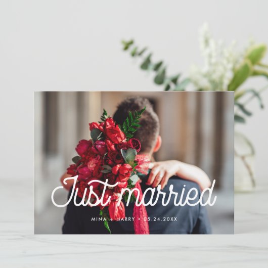 たった今結婚しましたレトロビンテージ結婚式の写真カード 案内状 (スタンド正面)