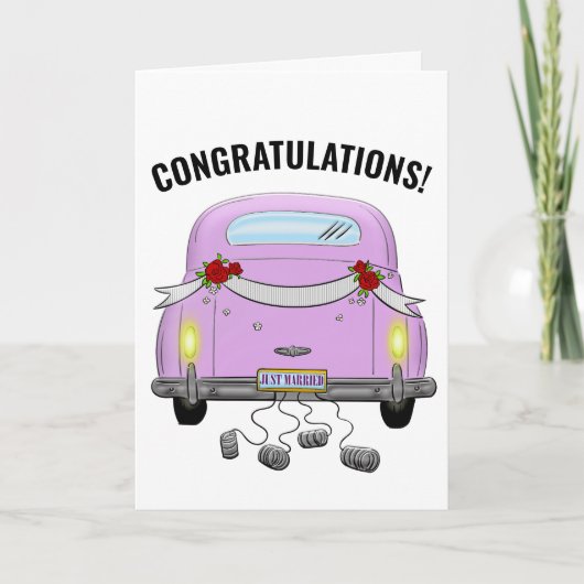 たった今結婚しましたレトロ車結婚のグリーティングカード カード (正面)