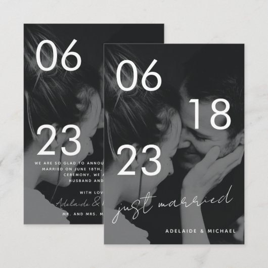 たった今結婚しましたロマンチックエレガントなウェディングフォトカード 案内状 (正面/裏面)