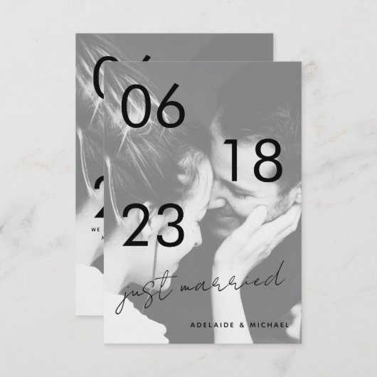 たった今結婚しましたロマンチックエレガントなウェディングフォトカード 案内状 (正面/裏面)