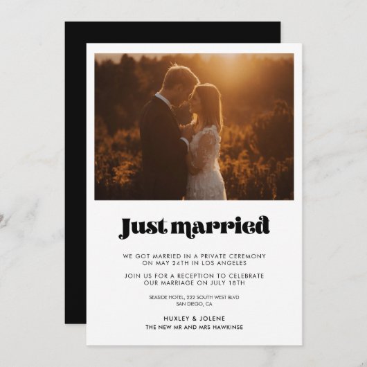 たった今結婚しましたヴィンテージのレトロスクリプトの発表 招待状 (正面/裏面)