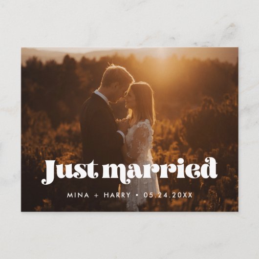 たった今結婚しましたヴィンテージレトロスクリプト写真 ポストカード (正面)