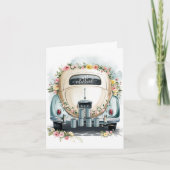 たった今結婚しましたヴィンテージ車結婚のおめでとうカード サンキューカード (正面)