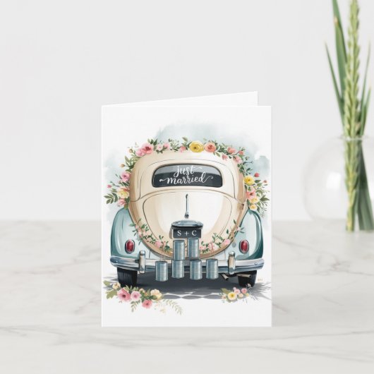 たった今結婚しましたヴィンテージ車結婚のおめでとうカード サンキューカード (正面)