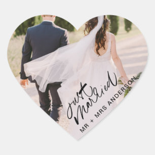たった今結婚しました写真結婚の感謝のお願い ハートシール