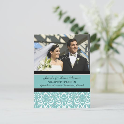 たった今結婚しました告知フォトポストカードティール（緑がかった色） 案内ポストカード (スタンド正面)