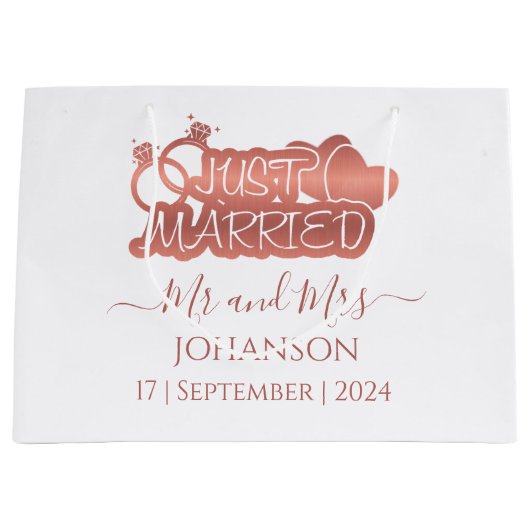 たった今結婚しました夫妻のバラ金ゴールド結婚式の引き出物 ラージペーパーバッグ (正面)