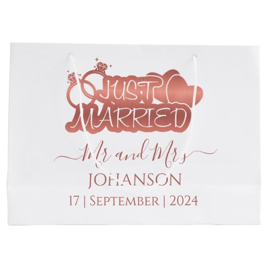 たった今結婚しました夫妻のバラ金ゴールド結婚式の引き出物 ラージペーパーバッグ (裏面)