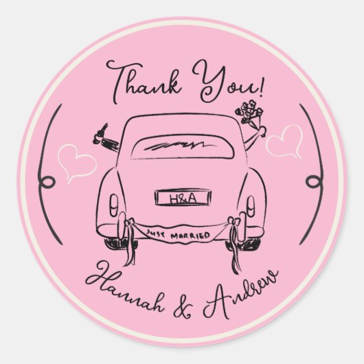 たった今結婚しました手描き新郎新婦カーサンキュー ラウンドシール (正面)