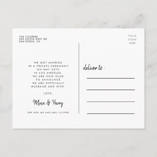 たった今結婚しました手書きミニマ結婚リストの写真 ポストカード (裏面)