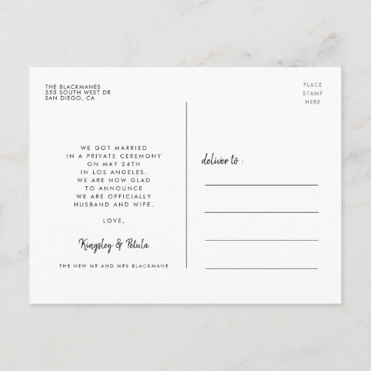 たった今結婚しました手書きミニマ結婚リストの写真 ポストカード (裏面)