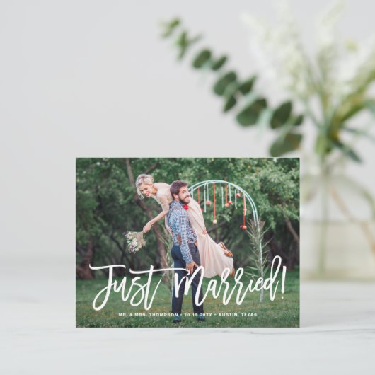 たった今結婚しました手書き写真結婚の 案内ポストカード (スタンド正面)