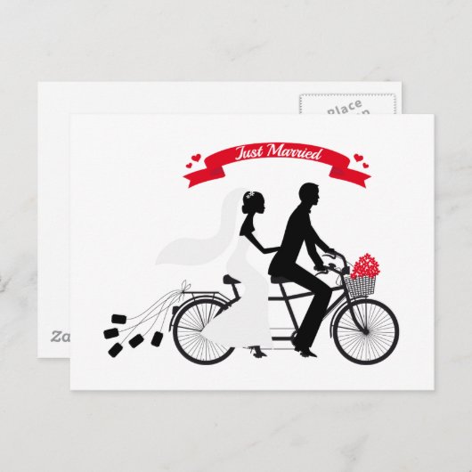 たった今結婚しました新郎新婦タンデム自転車 案内ポストカード (正面/裏面)