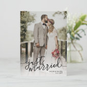 たった今結婚しました白黒のスクリプトの写真結婚の 案内状 (スタンド正面)