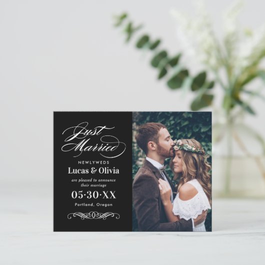 たった今結婚しました白黒エレガントなウェディングフォト 案内ポストカード (スタンド正面)