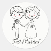 たった今結婚しました白黒結婚新郎新婦 ラウンドシール (正面)