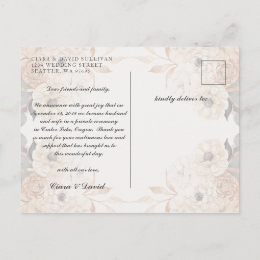 たった今結婚しました立案発表写真はがき 案内ポストカード (裏面)